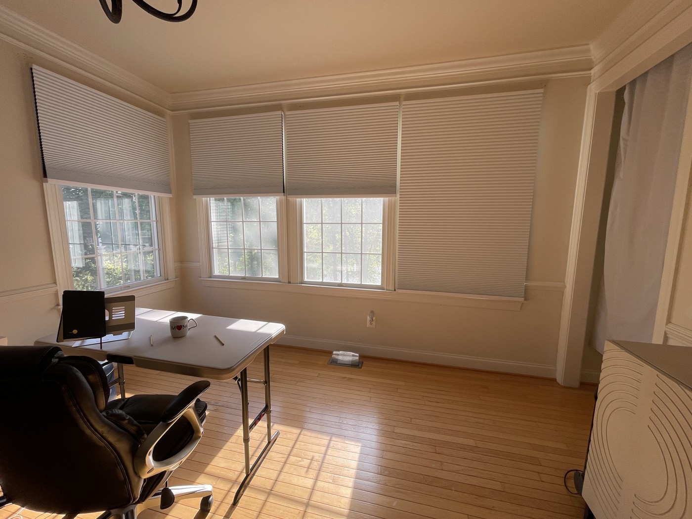 Home study with matching blackout cellular shades across the windows